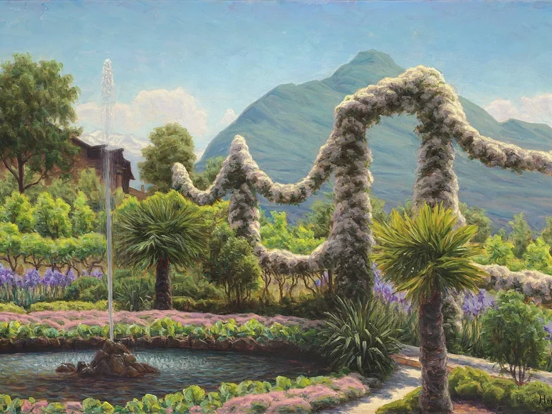 1853-Henrik Gamst Jespersen - Veduta dalle montagne italiane con un giardino di iris blu
